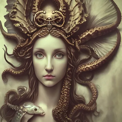 Prompt: baroque,  catholic cross, chiaroscuro, mermaid, realistic  scallop, realistic fishs, realistic octopus arms, saint, Amerindian feather headdress, beautiful face, angelical, 
