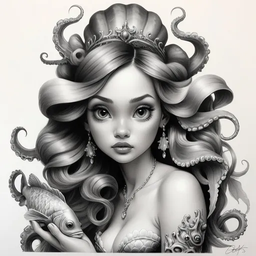 Prompt: beautifil mermaid portraits, with realistic scallop, with realistic fish, with realistic octopus arms, saint, hair feather headdress, baroque pencil drawing, black & withe pencil draw 