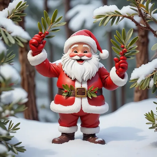 Prompt: Christmas; very happy and friendly Santa Claus; a lot of snow; small olive branch; anatomically correct; background with snow landscape and pine trees; holly with red berries. 