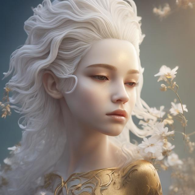 Prompt: flower, Heaven, female, nature hair, fade, buffed, Lifegiver, beautiful, white, realistic, bright, gold, god-like figure, serene, soft colour