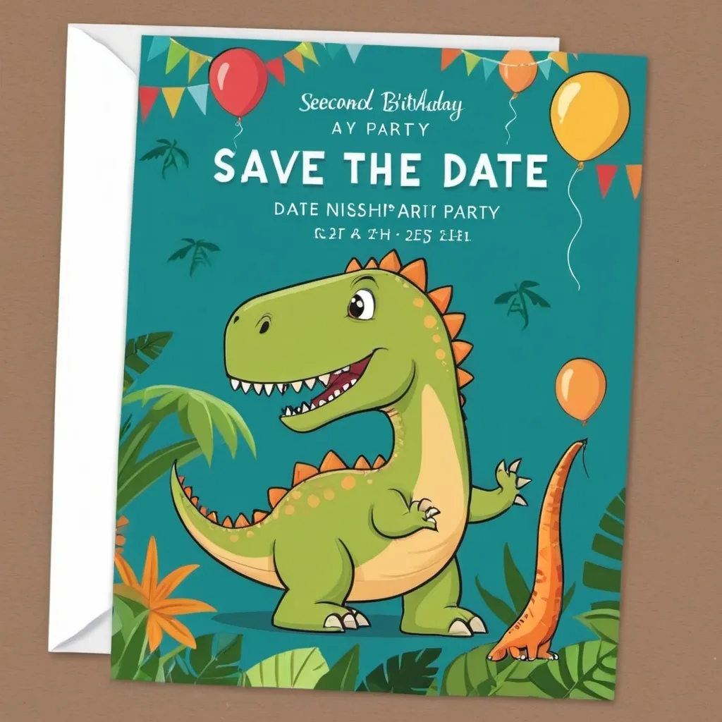 Prompt: Please make a  save the date card for our son Nishchay's birthday second party at our home with a dinosaur theme.

Date: 25th August, Sunday