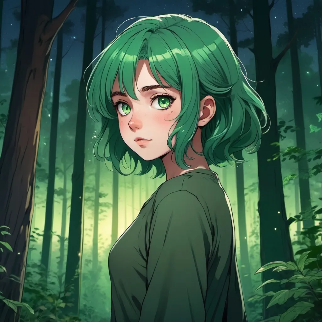 Prompt: A (((girl with emerald hair and green eyes))), drawn in an (anime style), standing joyfully in a (dense forest), her expression directed towards a boy with (brown hair) who is observing from a distance under the glow of twilight she (the girl) is 18 jears old