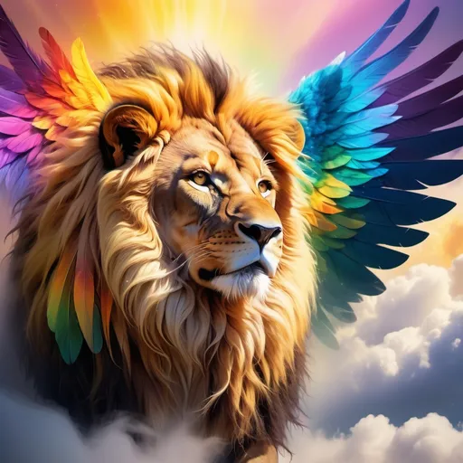 Prompt: A (majestic lion) with a flowing (golden mane) and stunning (rainbow wings), breathtaking colors bursting vividly through each feather, lush and vibrant atmosphere, surrounded by a dreamy, ethereal landscape with soft clouds, a warm glow illuminating the scene, ultra-detailed, high quality, enchanting and magical vibe.