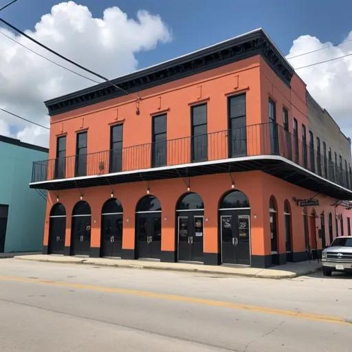 Prompt: Create a New Orleans style two story building with two commercial units on the bottom floor and two residential units on the top floor.  The size of the lot is 90’ by 150’.