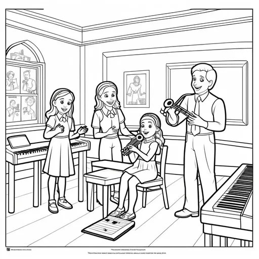 Prompt: B&W coloring book page, the room have musical with teacher 
