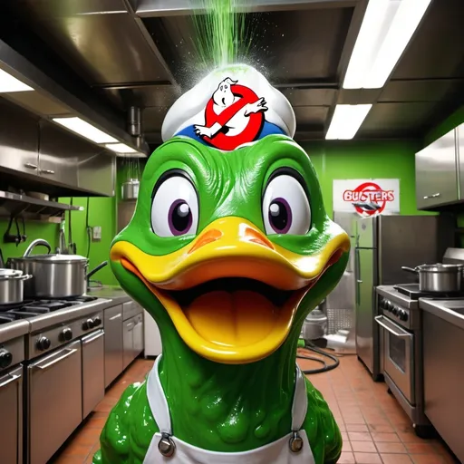 Prompt: Ghostbusters Powerwashing commercial kitchen hoods and grills with green slime with the logo duck busters in the background
