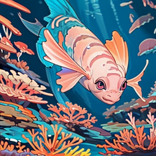 Prompt: a fish from an other planet, pink with 3 eyes in the bottom of the ocean with a lot of colorfull corals