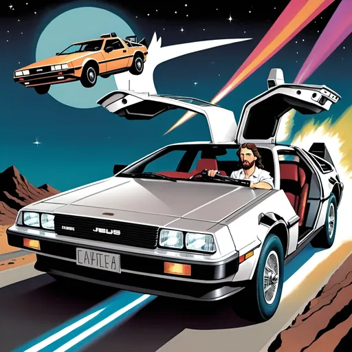 Prompt: Jesus driving the DeLorean on the first page of magazine, 50's editorial color illustration