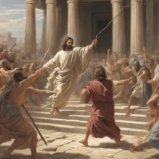 Prompt: jesus holding a large whip chasing people from the temple