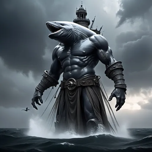 Prompt: Capitaine Ouranos, the Cursed Whale Hunter, stands as a gaunt, towering monument to defiance. His angular face, sharp as a blade’s edge, is weathered by salt and sorrow, his gunmetal grey eyes glinting with the cold fury of a storm’s heart. They pierce the horizon, unblinking, as if daring the sea to claim him. His wild, sun-bleached blond dreadlocks whip in the gale, tied haphazardly with glinting harpoon wire that catches the lightning’s flash. Each dread is strung with jagged shells and blackened whalebone, clinking like a death knell.

His bare torso, lean and sinewy, is a living tapestry of scars—each jagged line a named testament to a whale he failed to slay. The scars glow faintly with an eerie, sea-green luminescence, as if the ocean branded him in a ritual of vengeance. They twist into cryptic patterns across his chest, pulsing faintly with his heartbeat, bared to the elements without a shirt to shield them. His tattered naval coat, dark and oil-slicked, billows open, its frayed edges studded with scales from some ancient leviathan. The coat flaps like a war-torn banner, revealing a whale-tooth pendant—carved from his first kill—hanging heavy against his chest, its surface etched with faint, bloodstained runes.

In his calloused hands, he grips a blackened harpoon, its barbed head dripping with viscous, smoking oil that hisses as it stains the deck. The harpoon’s shaft, wrapped in sharkskin and etched with faded runes, is both weapon and talisman, its weight grounding him against the storm’s chaos. His shark-leather boots, studded with barnacles and worn to a brutal sheen, seem to meld with the ship’s deck, as if he’s grown from its bones. A belt of braided kelp and rusted iron holds pouches of glowing trinkets—sea-gems that pulse like dying stars.