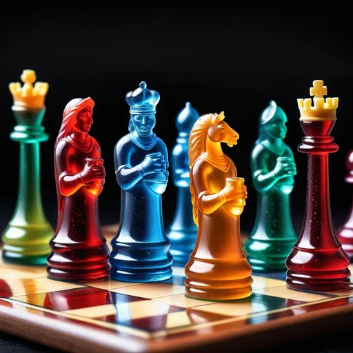 Prompt: Chess pieces made of real medieval characters. On a board made of sparkling glass colors. 