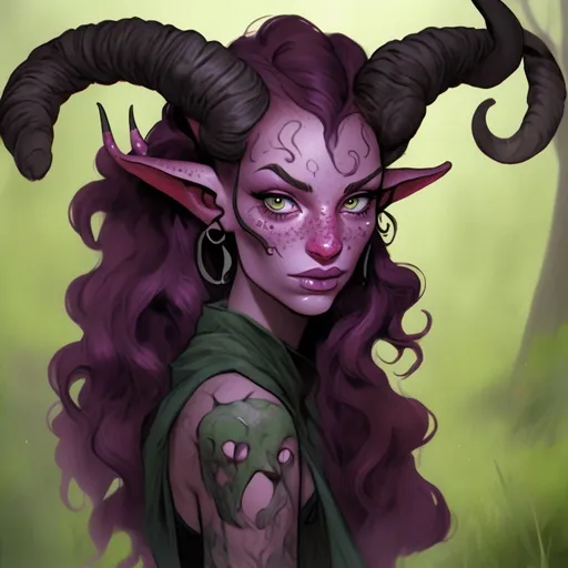 Prompt: A female tiefling that is a druid from the grass circle. Her skin is burgundy smattered with freckles, and her eyes are amethyst in color. Her horns are like those of an arch demon. Her hair length is down to her back in raven black ringlets. It is parted to the right side of her head and the left side of her head is shaved. Vine like tattoos cover her all over.