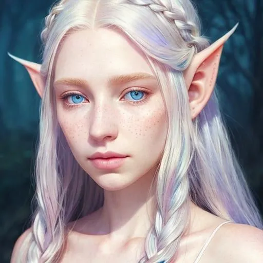Prompt: Half body animated rendering of an ethereal albino elf, long white hair in a braided style, delicate freckles on nose and cheeks, slim pink pouty lips, high fantasy, detailed blue eyes, delicate freckles, elegant, fantasy, soft lighting, pastel tones, detailed rendering, professional, ethereal, animated, slim, ethereal