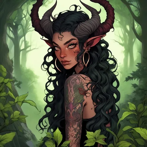 Prompt: Detailed anime illustration of a tiefling druid, burgundy skin with freckles, arch demon-like horns, long black ringlet hair, vine-like tattoos covering her body, nature-themed setting, lush greenery, mystical atmosphere, highres, ultra-detailed, anime, fantasy, nature, detailed horns, intricate tattoos, professional, magical lighting