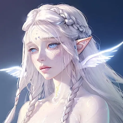 Prompt: animated rendering of an ethereal albino elf, long white hair in a braided style, delicate freckles on nose and cheeks, slim pink pouty lips, fantasy, ethereal, detailed blue eyes, delicate freckles, long braided hair, high fantasy, elegant, soft lighting, pastel tones