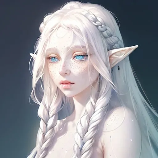 Prompt: animated rendering of an ethereal albino elf, long white hair in a braided style, delicate freckles on nose and cheeks, slim pink pouty lips, fantasy, ethereal, detailed blue eyes, delicate freckles, long braided hair, high fantasy, elegant, soft lighting, pastel tones
