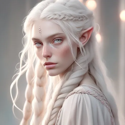 Prompt: High-res animated rendering of an ethereal albino high elf, long white hair in a braided style, delicate freckles on nose and cheeks, slim pink pouty lips, fantasy, ethereal, detailed eyes, delicate freckles, long braided hair, high fantasy, elegant, soft lighting, pastel tones, high quality