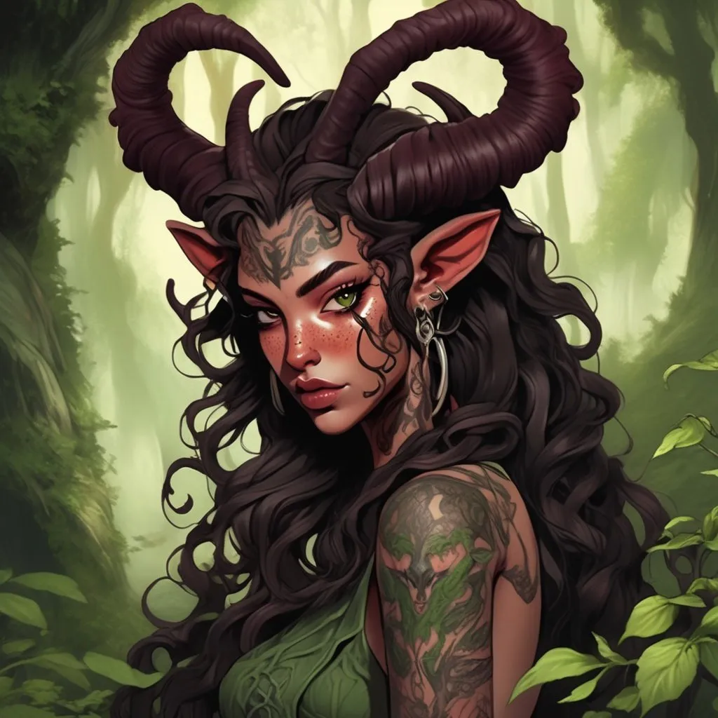 Prompt: Detailed full body anime illustration of a tiefling druid, burgundy skin with freckles, arch demon-like horns, long black ringlet hair, vine-like tattoos covering her body, nature-themed setting, lush greenery, mystical atmosphere, highres, ultra-detailed, anime, fantasy, nature, detailed horns, intricate tattoos, professional, magical lighting