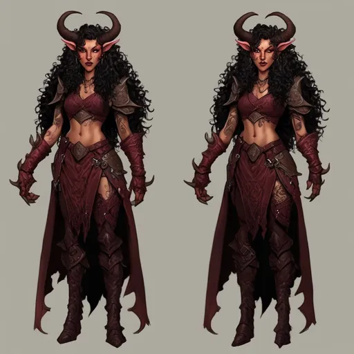 Prompt: Burgundy-skinned tiefling druid in leather armor, long curly black hair, brown eyes, arch-demon like horns, full-body tattoos, highres, detailed, fantasy, druid, full body leather armor, arch-demon horns, curly hair, burgundy skin, brown eyes, tattoos, professional lighting