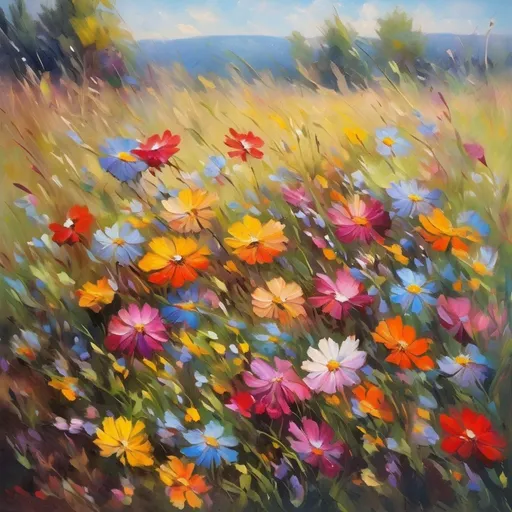 Prompt: Wild flowers in a meadow, vibrant and colorful, oil painting, detailed petals, high quality, impressionism, vivid hues, natural lighting