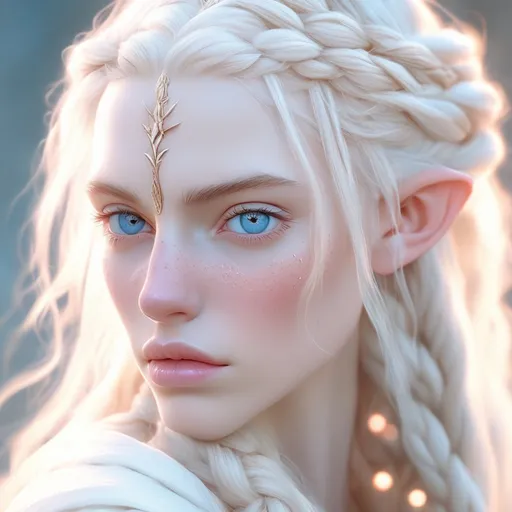 Prompt: animated rendering of an ethereal albino high elf, long white hair in a braided style, delicate freckles on nose and cheeks, slim pink pouty lips, fantasy, ethereal, detailed blue eyes, delicate freckles, long braided hair, high fantasy, elegant, soft lighting, pastel tones