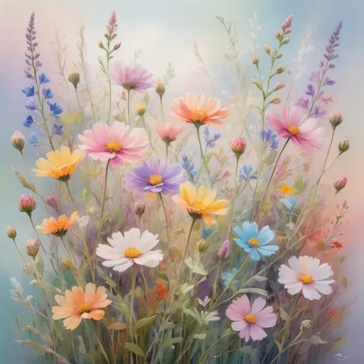 Prompt: Colorful wildflowers, delicate petals and stems, vibrant mix of colors, soft pastel painting, high quality, soft and dreamy, pastel tones, natural lighting, detailed floral pattern, impressionistic, vibrant and lush, botanical illustration