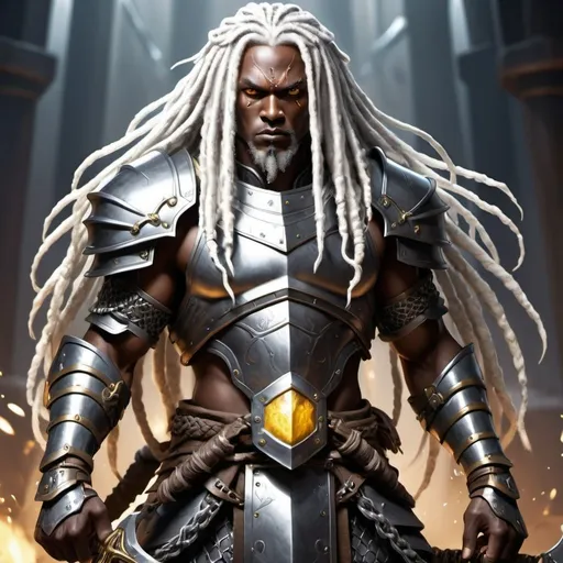 Prompt: Full-body anime illustration of a powerful human fighter with long white dreadlocks, yellow eyes, dark skin, and imposing stature, no facial hair, clad in gleaming metal chainmail armor, wielding two war hammers, dnd character, fantasy character, cool tones, 4k, anime, detailed dreadlocks, dynamic pose, intense eyes, fantasy setting, highres, ultra-detailed detailed metal armor