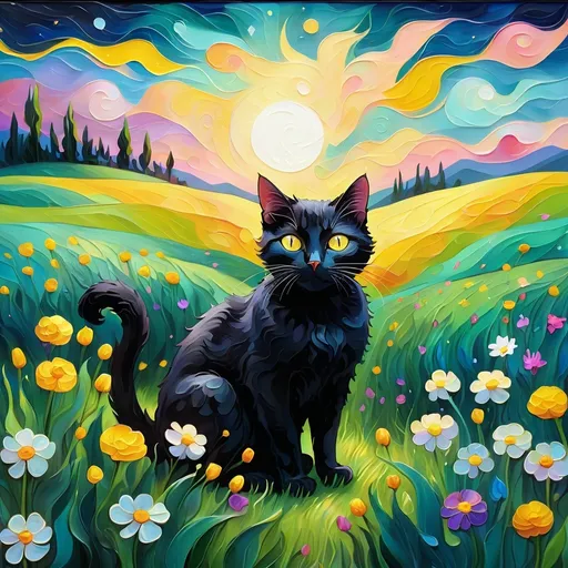Prompt: A (black cat with yellow eyes) sitting in the middle of a field of flowers, in the style of Van Gogh, ultra-detailed, vibrant colors, swirling brushstrokes, whimsically textured petals and grass, dreamy and serene atmosphere, bright and cheerful lighting, dynamic sky with starry elements, fluid motion throughout the background, painterly quality, impressionist masterpiece, high depth cinematic view, 4K.