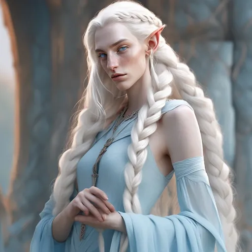 Prompt: dnd albino high elf that has freckles on her aquiline nose and high cheekbones. Light blue sultry eyes and white long hair in a braid. She is wearing a light blue sheer dress that covers everything essential