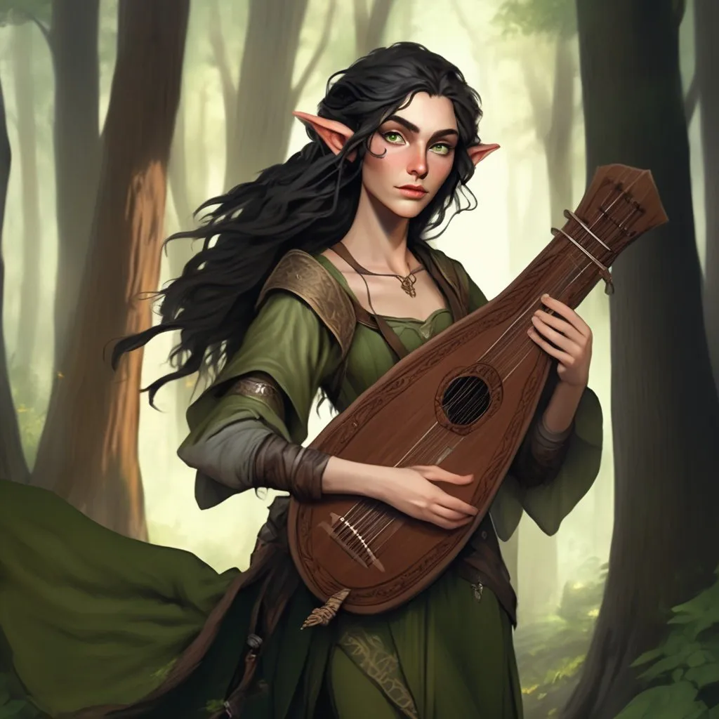 Prompt: androgynous half-elf bard, black hair, forest green eyes, graceful, elegant traveler attire, worn wooden lute, highres, detailed facial features, fantasy, wilderness spirit, open road freedom, half-elf, bard, elegant, detailed eyes, atmospheric lighting, 4k