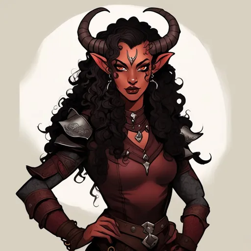 Prompt: a female burgundy-skinned tiefling with long curly black hair, brown eyes and with arch-demon like horns wearing leather armor. She is a druid class and has tattoos all over her body