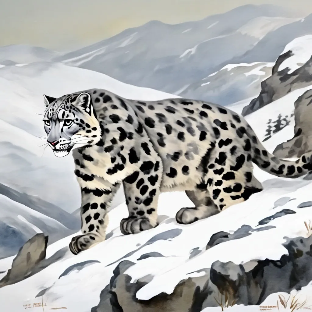 Prompt: black snow leopard prowling the mountains