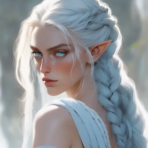 Prompt: dnd high elf that has freckles on her aquiline nose and high cheekbones. Light blue sultry eyes and white long hair in a braid. She is wearing a light blue sheer dress that covers everything essential