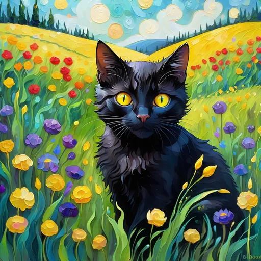 Prompt: A (black cat with yellow eyes) sitting in the middle of a field of flowers, in the style of Van Gogh, ultra-detailed, vibrant colors, swirling brushstrokes, whimsically textured petals and grass, dreamy and serene atmosphere, bright and cheerful lighting, dynamic sky with starry elements, painterly quality, impressionist masterpiece