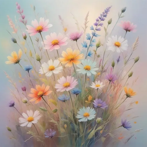 Prompt: Colorful pastel wildflowers, soft pastel painting, vibrant mix of colors, delicate petals and stems, high quality, soft and dreamy, pastel tones, natural lighting