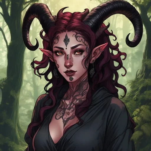 Prompt: Detailed full body anime illustration of a tiefling druid, burgundy skin with freckles, arch demon-like horns, long black ringlet hair, vine-like tattoos covering her body, nature-themed setting, lush greenery, mystical atmosphere, highres, ultra-detailed, anime, fantasy, nature, detailed horns, intricate tattoos, professional, magical lighting