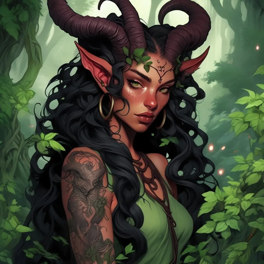 Prompt: Detailed anime illustration of a tiefling druid, burgundy skin with freckles, arch demon-like horns, long black ringlet hair, vine-like tattoos covering her body, nature-themed setting, lush greenery, mystical atmosphere, highres, ultra-detailed, anime, fantasy, nature, detailed horns, intricate tattoos, professional, magical lighting