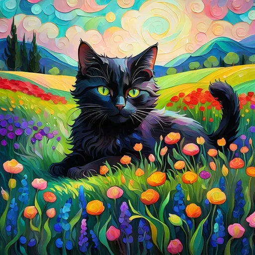 Prompt: A (black cat) sitting in the middle of a field of flowers, in the style of Van Gogh, ultra-detailed, vibrant colors, swirling brushstrokes, whimsically textured petals and grass, dreamy and serene atmosphere, bright and cheerful lighting, dynamic sky with starry elements, fluid motion throughout the background, painterly quality, impressionist masterpiece, high depth cinematic view, 4K.