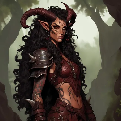 Prompt: Burgundy-skinned tiefling druid in leather armor, long curly black hair, brown eyes, arch-demon like horns, full-body tattoos, highres, detailed, fantasy, druid, leather armor, arch-demon horns, curly hair, burgundy skin, brown eyes, tattoos, professional lighting