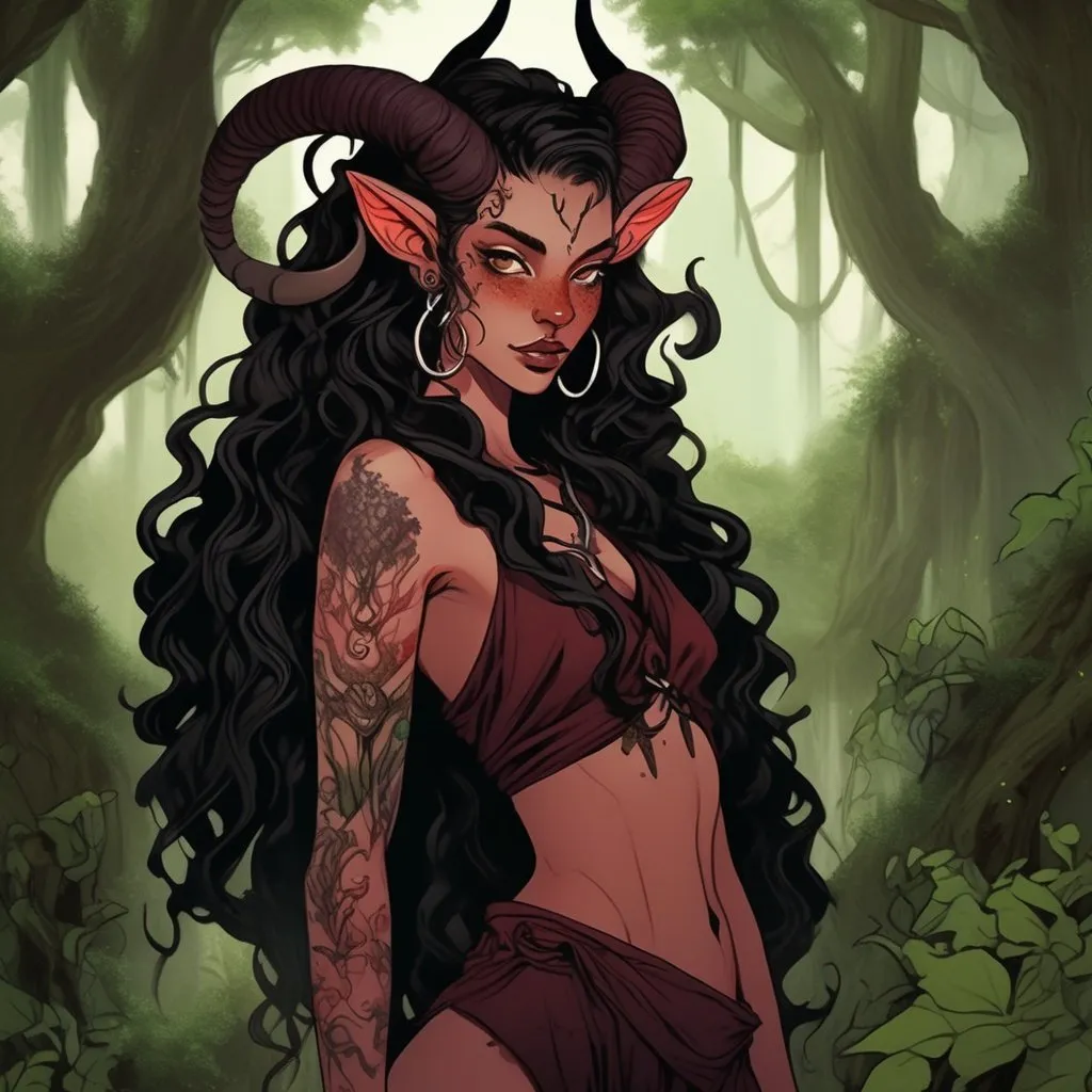 Prompt: Detailed full body anime illustration of a tiefling druid, burgundy skin with freckles, two sets of demon-like horns, long black ringlet hair, vine-like tattoos covering her body, nature-themed setting, lush greenery, mystical atmosphere, highres, ultra-detailed, anime, fantasy, nature, detailed horns, intricate tattoos, professional, magical lighting