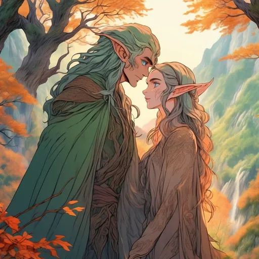 Prompt: Detailed anime illustration of a wood elf couple in a mountainous forest, fantasy drawing, highres, intricate facial features, flowing robes, mystical aura, ethereal lighting, vibrant autumn colors, enchanting eyes, 4k, ultra-detailed, anime, fantasy, mountain setting, detailed features, mystical, ethereal lighting, vibrant colors, flowing robes