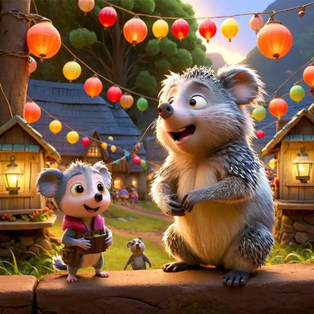 Prompt: Description: Hazel the hedgehog cub and Kai the koala cub sitting together in a bustling forest village.
Details: The village square with animals hanging lanterns and decorations. Hazel and Kai should be in the foreground, looking excited.