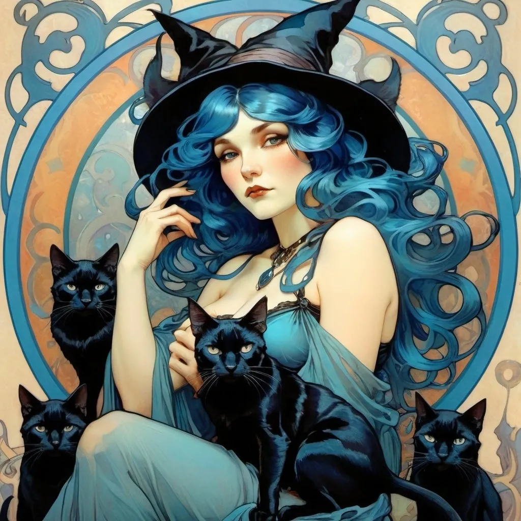 Prompt: witch, blue hair, black cats
