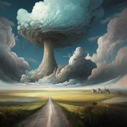 Prompt: huge paint brush itself draw the road on the vast field in front of the image and far away there is a unrealisticaly giant flower on the left and castle is floatinf on the cloud in etching style