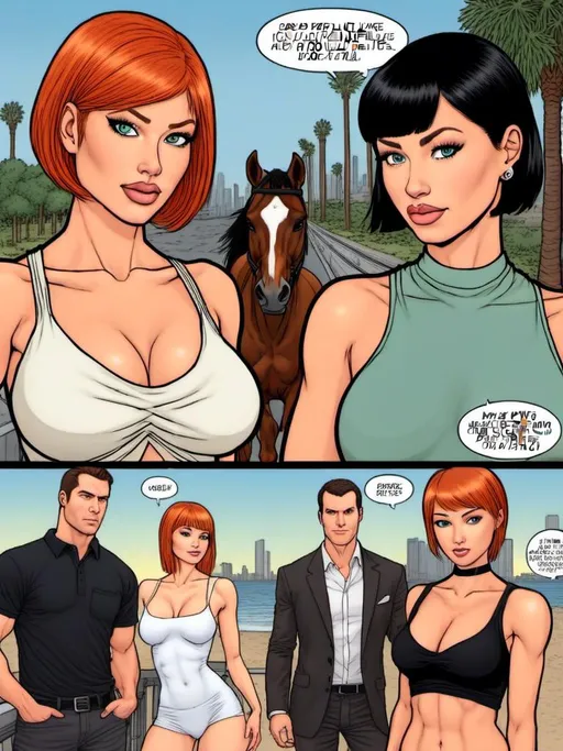 Prompt: GTA V comic style art, show a tanned white woman dressed as a Senator she is <mymodel> with black pixie cut hair and green eyes talking with a woman with light brown top ponytail hair, and also another woman with dark with green eyes and a ginger bob cut and high cheek bones in a clone lab dressed as beach babes, they are catching a horse bridal in a horse paddock