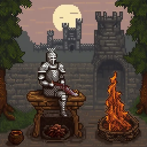 Prompt: a knight sitting on a log in front of a fire pit with a castle in the background and a fire burning in the foreground, Edward Otho Cresap Ord, II, sots art, dark souls, concept art