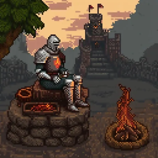 Prompt: a knight sitting on a log in front of a fire pit with a castle in the background and a fire burning in the foreground, Edward Otho Cresap Ord, II, sots art, dark souls, concept art