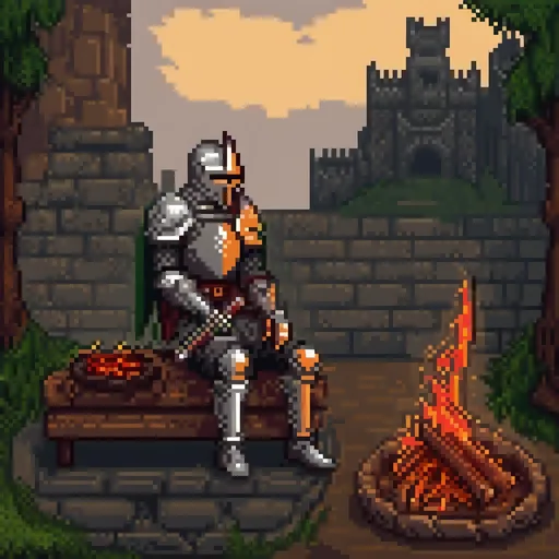 Prompt: a knight sitting on the ground on a log in front of a fire pit with a castle in the background and a fire burning in the foreground, Edward Otho Cresap Ord, II, sots art, dark souls, concept art