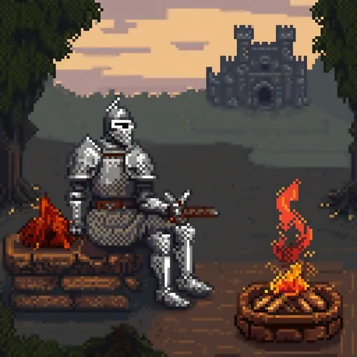 Prompt: a knight sitting on the ground on a log in front of a fire pit with a castle in the background and a fire burning in the foreground, Edward Otho Cresap Ord, II, sots art, dark souls, concept art