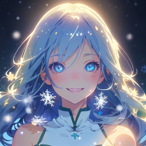 Prompt: Christmas girl joyful smile, anime icegirl, smooth soft skin, big dreamy eyes, beautiful intricate colored hair, symmetrical, anime wide eyes, beautiful eyes, soft lighting, detailed face, by makoto shinkai, stanley artgerm lau, wlop, rossdraws